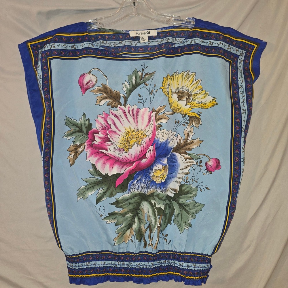 Forever 21 Floral Scarf Print Blouse Small Womens Blue Smocked Hem Dolman S